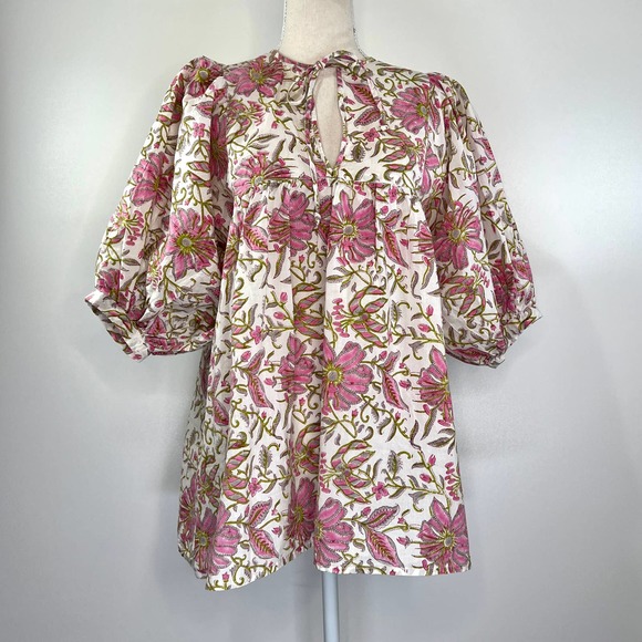 Mille Tops - Mille Thalia Top in Pink Lily Floral Puff Sleeves Oversized